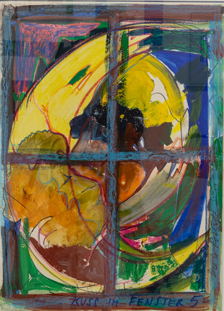 Foto von der Arbeit: Diether Roth, Kuss im Fenster 5, 1976,  Gouache, Öl, Pastell auf Papier, 62,1 x 44,7 cm  